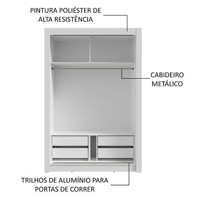 Guarda-roupa Solteiro 2 Portas De Correr Com Espelho 4 Gavetas Branco Vivare Plus Madesa Branco