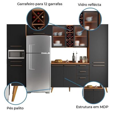 Armário De Cozinha Completa Vidro Reflecta Com Adega 9 Portas 4 Gavetas Favorita Preto / Nature Pret