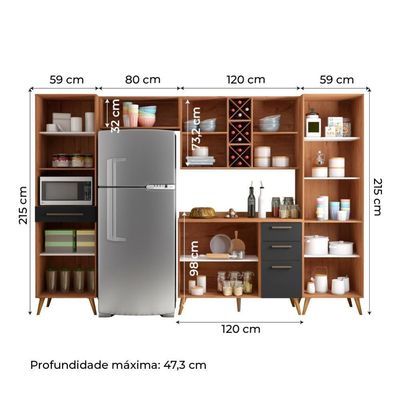 Armário De Cozinha Completa Vidro Reflecta Com Adega 9 Portas 4 Gavetas Favorita Preto / Nature Pret