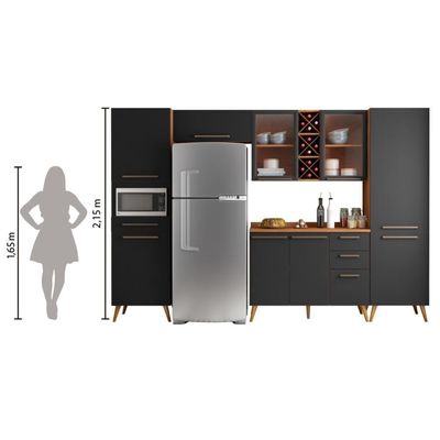 Armário De Cozinha Completa Vidro Reflecta Com Adega 9 Portas 4 Gavetas Favorita Preto / Nature Pret