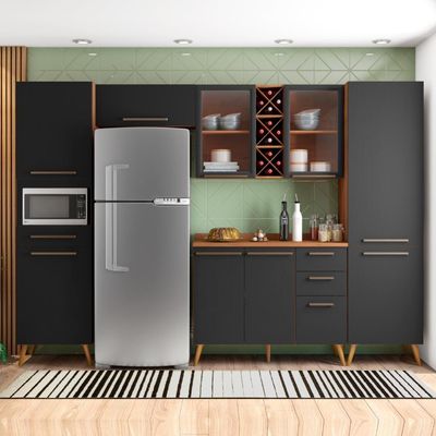 Armário De Cozinha Completa Vidro Reflecta Com Adega 9 Portas 4 Gavetas Favorita Preto / Nature Pret