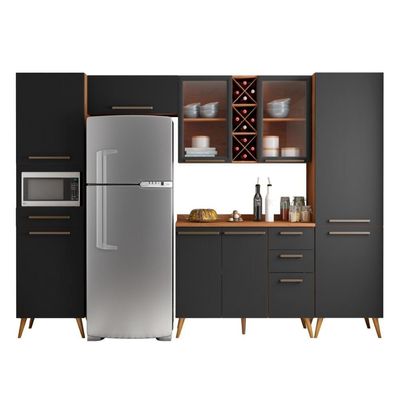 Armário De Cozinha Completa Vidro Reflecta Com Adega 9 Portas 4 Gavetas Favorita Preto / Nature Pret