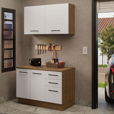 Kit Balcão E Armário Aéreo Multiuso 120cm Rustic/branco