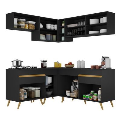 Armário De Cozinha Completa De Canto Veneza Multimóveis V2062 Preto/dourado Preto/dourado