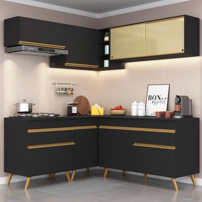 Armário De Cozinha Completa De Canto Veneza Multimóveis V2062 Preto/dourado Preto/dourado