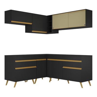 Armário De Cozinha Completa De Canto Veneza Multimóveis V2062 Preto/dourado Preto/dourado