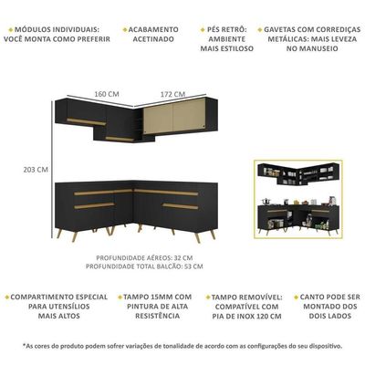 Armário De Cozinha Completa De Canto Veneza Multimóveis V2062 Preto/dourado Preto/dourado