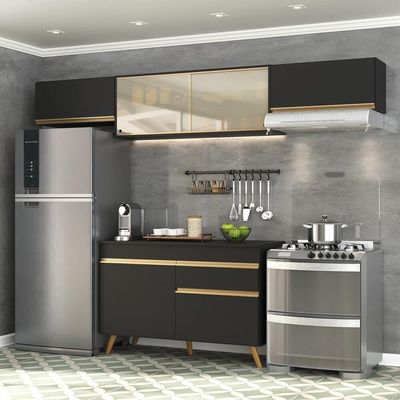 Armário De Cozinha Compacta 260cm Veneza Multimóveis V3698 Preto/dourado Preto/dourado