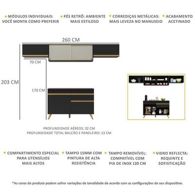 Armário De Cozinha Compacta 260cm Veneza Multimóveis V3698 Preto/dourado Preto/dourado