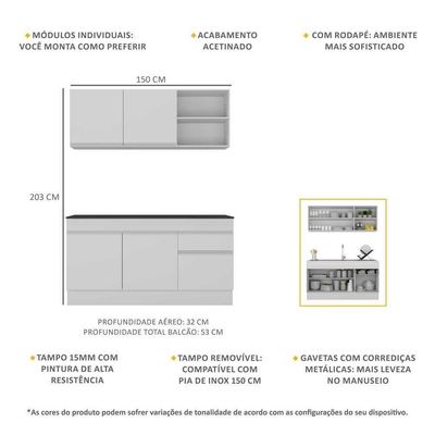 Armário De Cozinha Compacta 150cm Com Rodapé Veneza Multimóveis V2114 Branco Branco