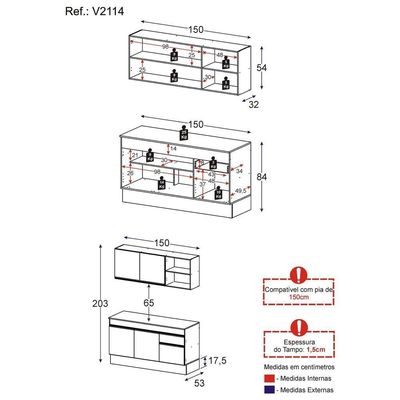 Armário De Cozinha Compacta 150cm Com Rodapé Veneza Multimóveis V2114 Branco Branco