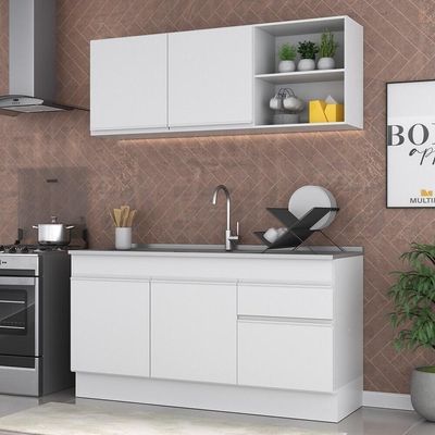 Armário De Cozinha Compacta 150cm Com Rodapé Veneza Multimóveis V2114 Branco Branco