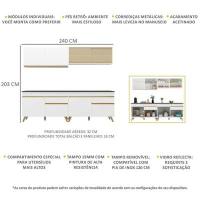 Armário De Cozinha Compacta 240cm Veneza Multimóveis V3696 Branco/dourado Branco/dourado