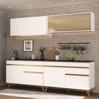 Armário De Cozinha Compacta 240cm Veneza Multimóveis V3696 Branco/dourado Branco/dourado