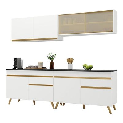 Armário De Cozinha Compacta 240cm Veneza Multimóveis V3696 Branco/dourado Branco/dourado