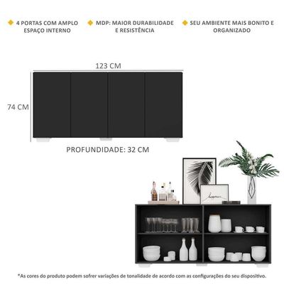 Aparador Buffet 4 Portas com  Pés Quadrados Preto/branco