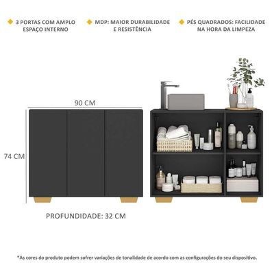 Gabinete Banheiro 3 Portas 90Cm Multimóveis V5031