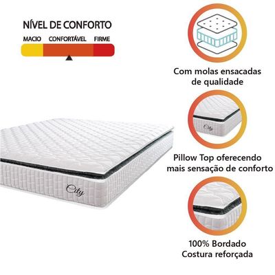 Colchão Casal Queen Molas Ensacadas City Pillow Top 158x198x23cm Branco-preto Hellen Branco-pre