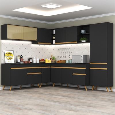 Cozinha Completa De Canto Mp2065 Com Armário E Balcão Preta