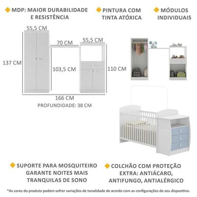 Quarto Infantil Com Berço-cômoda E Colchão Incluso Laura Multimóveis Branco/azul