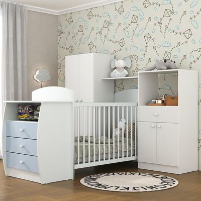 Quarto Infantil Com Berço-cômoda E Colchão Incluso Laura Multimóveis Branco/azul