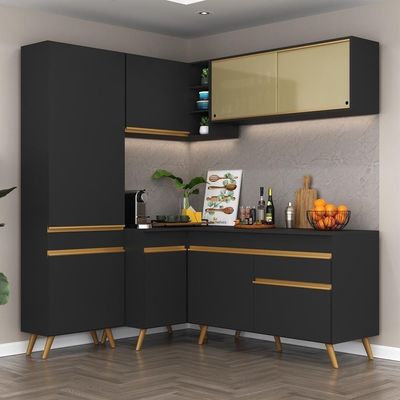 Armário De Cozinha Completa De Canto V2054 Preto/dourado