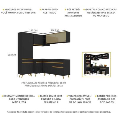 Armário De Cozinha Completa De Canto V2054 Preto/dourado