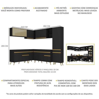 Armário De Cozinha Completa De Canto Veneza Multimóveis V2065 Preto/dourado Preto/dourado