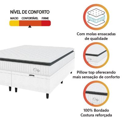 Cama Box Baú Colchão Casal King Molas Ensacadas City Pillow Top 193x203x64cm Linho Branco Cinza
