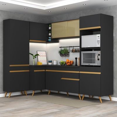 Armário De Cozinha Completa De Canto Veneza Multimóveis V2050 Preto/dourado Preto/dourado