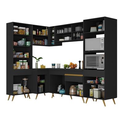 Armário De Cozinha Completa De Canto Veneza Multimóveis V2050 Preto/dourado Preto/dourado