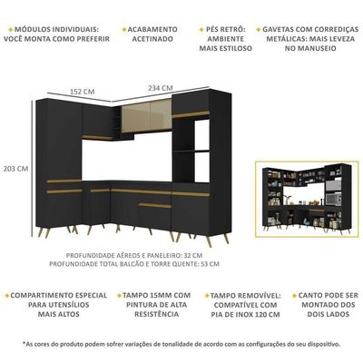 Armário De Cozinha Completa De Canto Veneza Multimóveis V2050 Preto/dourado Preto/dourado