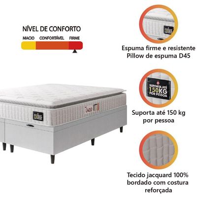 Cama Box Baú Casal Queen Colchão Espuma D45 Lazio Pillow Top 158x198x65cm Branco Hellen
