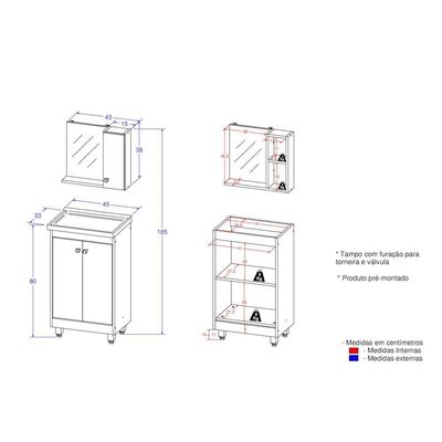 Gabinete Banheiro Com Cuba E Espelheira 45cm Branco
