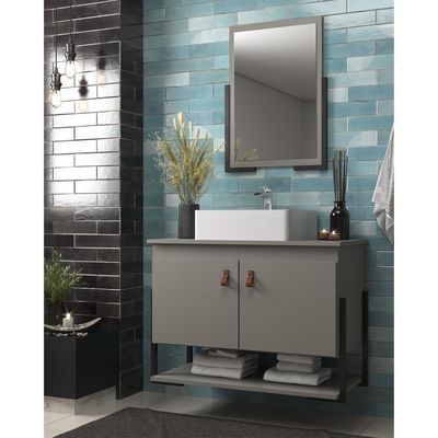 Gabinete Banheiro 60cm 2 Portas Com Cuba E Espelheira Multimóveis Cr10106 Cimento Cimento