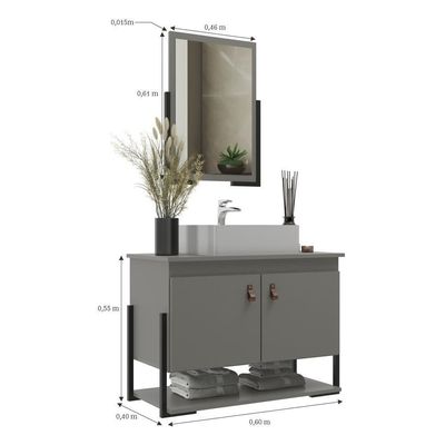 Gabinete Banheiro 60cm 2 Portas Com Cuba E Espelheira Multimóveis Cr10106 Cimento Cimento