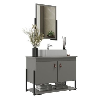 Gabinete Banheiro 60cm 2 Portas Com Cuba E Espelheira Multimóveis Cr10106 Cimento Cimento