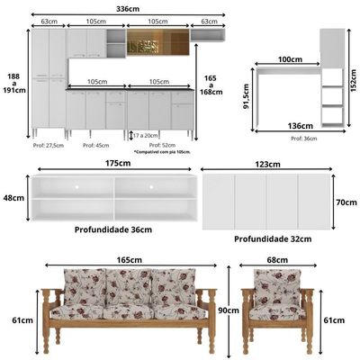 Armário Cozinha Casa Completa Mobiliada 5 Ambientes Multimóveis Cr60009 Branco nogueira Off White