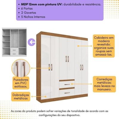 Guarda-roupas Solteiro 6 Portas E 2 Gavetas Multimóveis Cr35210 Off White-nogueira