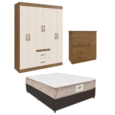 Guarda-roupas Com Cômoda E Cama Casal Com Colchão Multimóveis Cr35223 Nogueira Off White