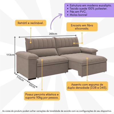 Sofá 4 Lugares Retrátil E Reclinável 260cm Multimóveis Cr45242 Castor Castor