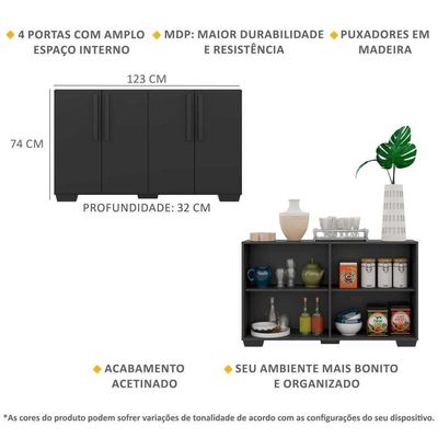 Aparador Buffet 4 Portas Com Pés Quadrados Viena V3607 Preto Preto