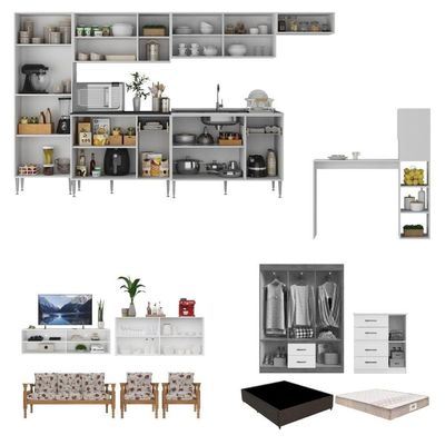 Armário Cozinha Kit Casa Completa Mobiliada 3 Ambientes Multimóveis Cr60000 Branco nogueira Off White