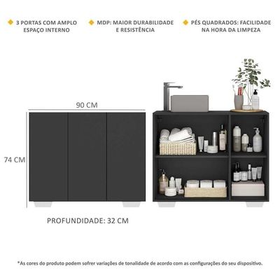 Gabinete Banheiro 3 Portas 90Cm Multimóveis V5031
