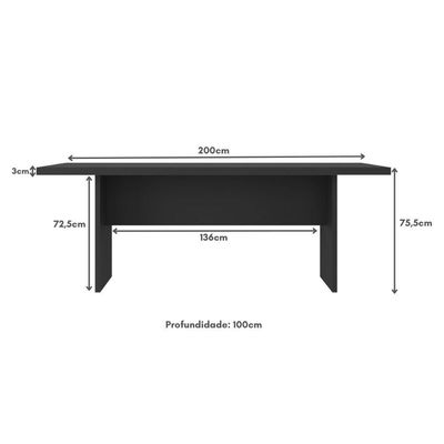 Mesa De Escritório 200cm Para Reunião Com Tampo 30mm Multimóveis CR25281 Preto