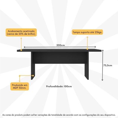 Mesa De Escritório 200cm Para Reunião Com Tampo 30mm Multimóveis CR25281 Preto