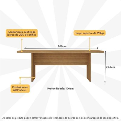 Mesa De Escritório 200cm Para Reunião Com Tampo 30mm Multimóveis CR25281 Amêndoa