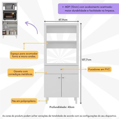 Balcão Multiuso 67,9cm 2 Portas 1 Gaveta Para Forno E Micro-ondas Multimóveis CR20344 Branco