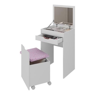 Penteadeira 54cm Com Espelho 1 Gaveta 1 Porta Basculante E Puff Multimóveis CR35251 Branco/rosa