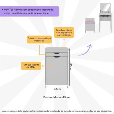 Penteadeira 54cm Com Espelho 1 Gaveta 1 Porta Basculante E Puff Multimóveis CR35251 Branco/rosa